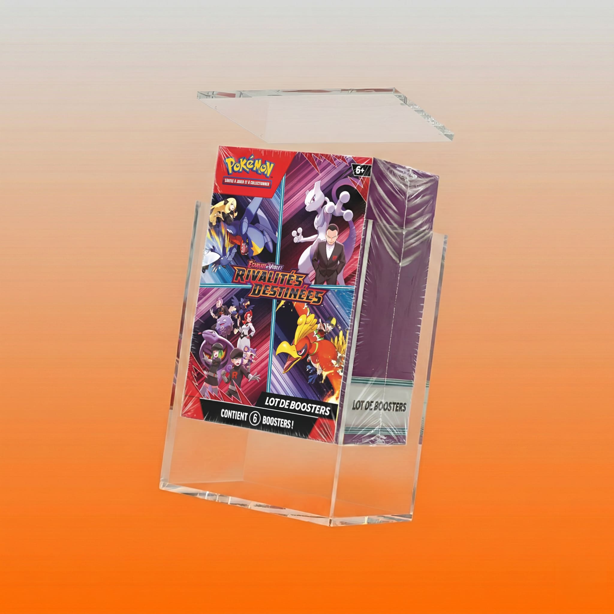 Protection acrylique Pokémon bundle 6 boosters flottante sur fond orange