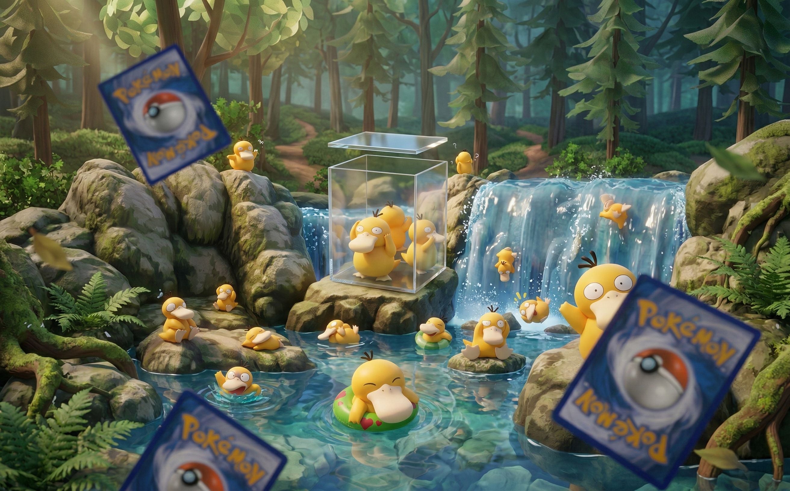 Scène Pokémon avec des Psykokwak dans l’eau autour d’un boîtier acrylique devant une cascade