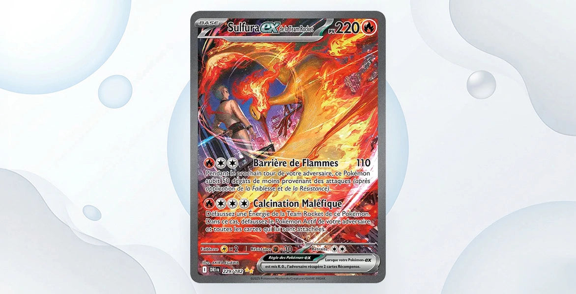 Carte Sulfura ex de la Team Rocket 229/182 Rivalités Destinées EV10, Special Illustration Rare Sulfura rouge et orange en tourbillon de flammes avec dresseur Team Rocket fond ville en feu, 220 PV type Feu, attaques Barrière de Flammes 110 et Calcination Maléfique