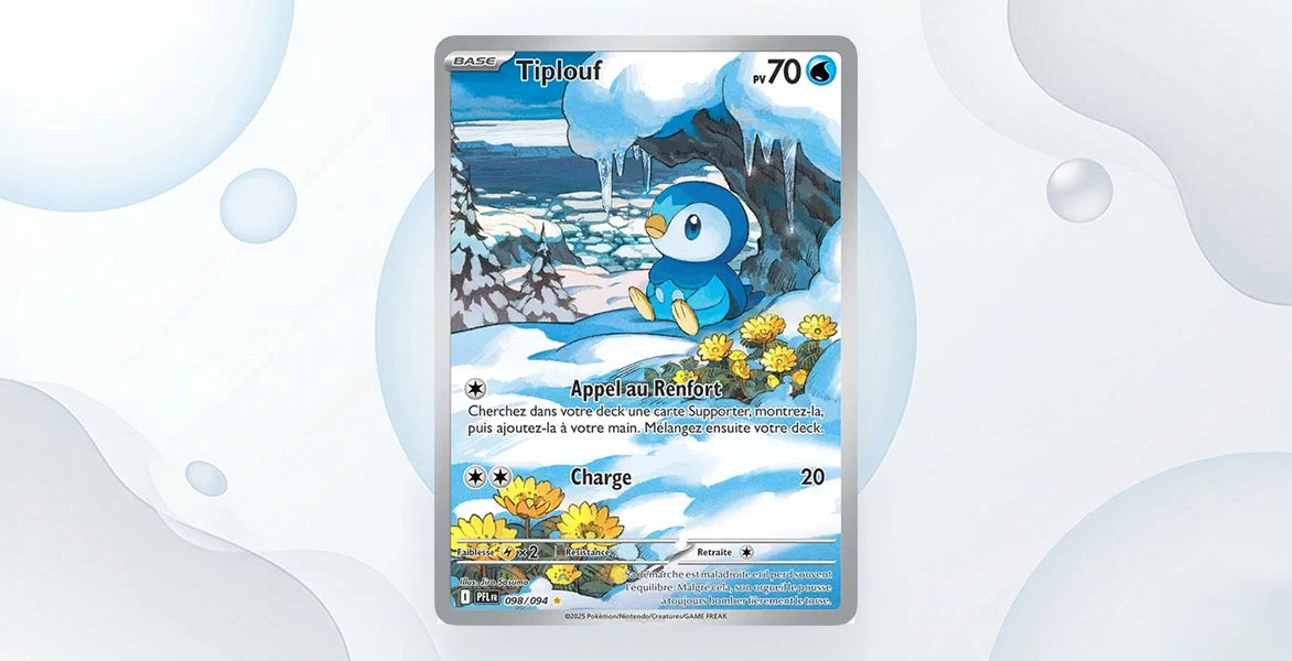 Carte Tiplouf 98/94 Flammes Fantasmagoriques ME02, Illustration Rare style aquarelle Tiplouf bleu assis dans un paysage enneigé avec fleurs jaunes, 70 PV type Eau, attaques Appel au Renfort et Charge 20