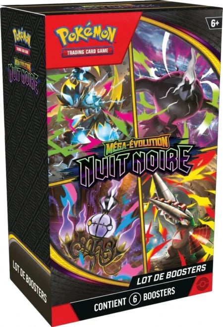 Bundle lot de boosters Pokémon Méga-Évolution Nuit Noire ME05, boîte avec 6 boosters illustrés Méga-Darkrai Méga-Lugulabre Méga-Minotaupe