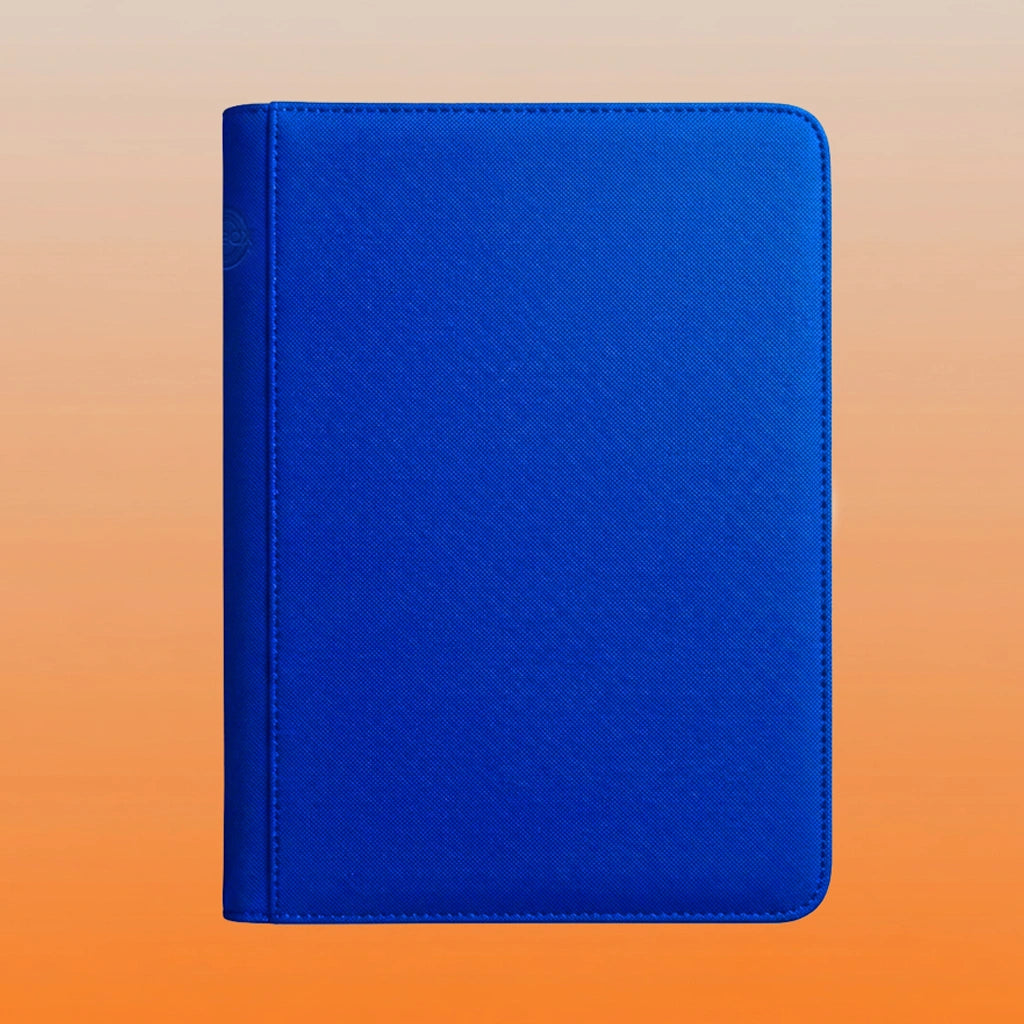 Classeur zip binder bleu vue de côté avec fermeture éclair et logo SafeBox embossé
