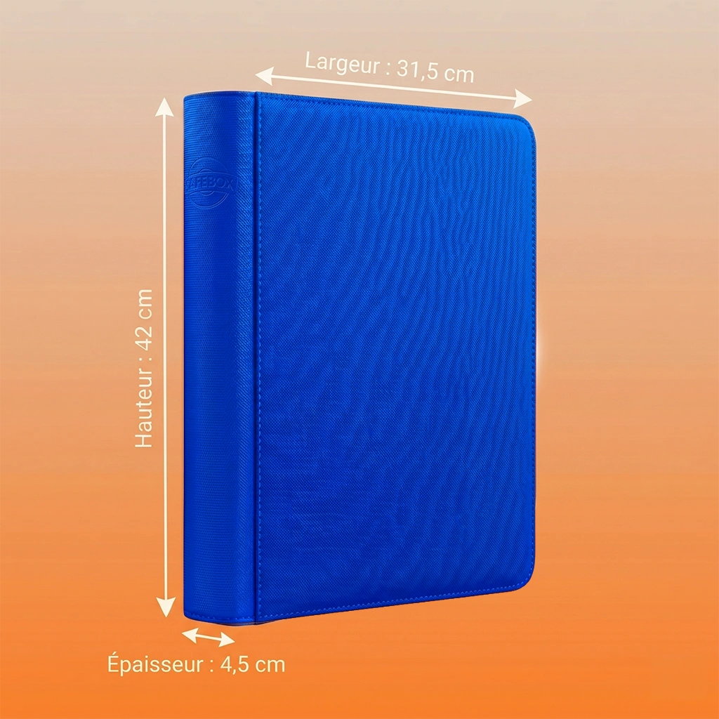 Dimensions du classeur zip binder bleu : largeur 31,5 cm, hauteur 42 cm, épaisseur 4,5 cm