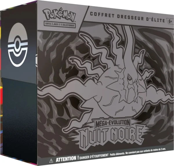 Coffret Dresseur d'Élite Pokémon Méga-Évolution Nuit Noire ME05, boîte grise avec illustration de Méga-Darkrai