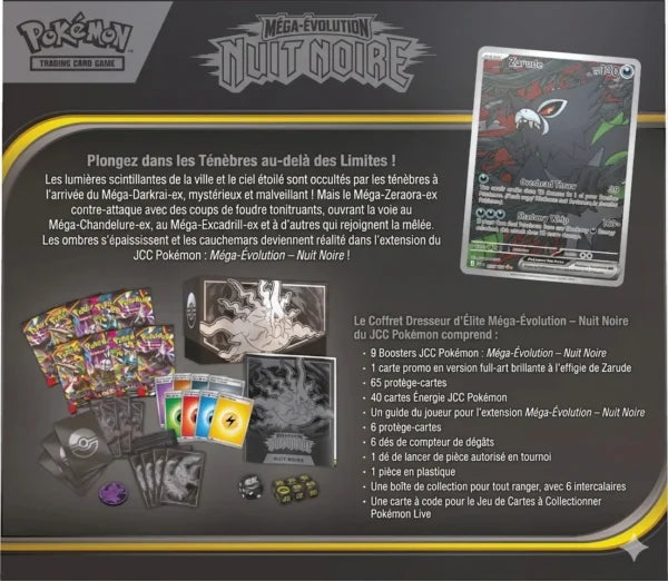 Dos du Coffret Dresseur d'Élite Méga-Évolution Nuit Noire ME05 avec liste du contenu et aperçu de la carte promo Zarude