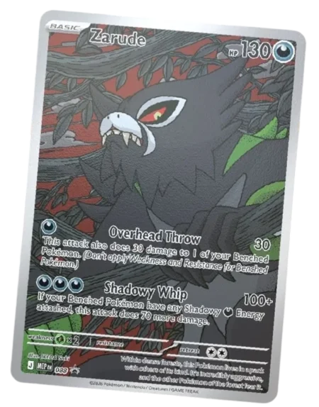 Carte promo Zarude full art ME05 Nuit Noire, 130 PV type Obscurité, attaques Overhead Throw et Shadowy Whip 100+