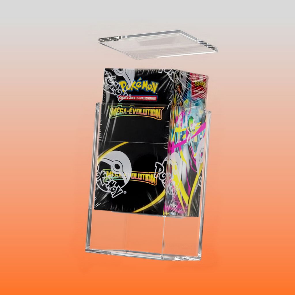 Protection acrylique Pokémon pour demi-display Méga-Évolution sur fond orange