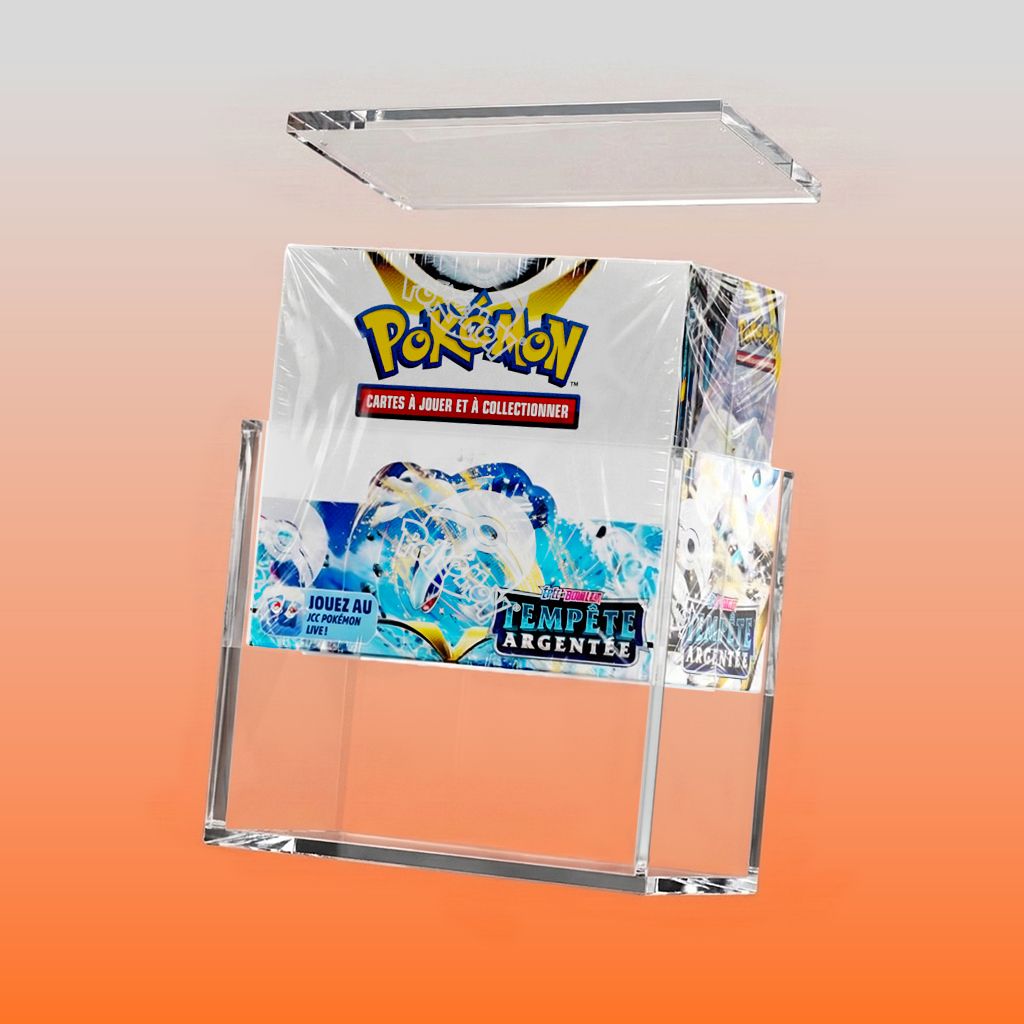 Protection acrylique Pokémon pour display Tempête Argentée sur fond orange