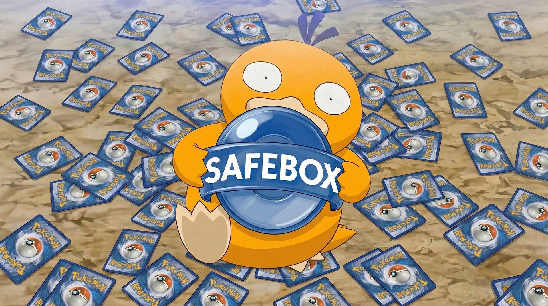 Psykokwak tenant un logo SafeBox marchant sur des cartes Pokémon