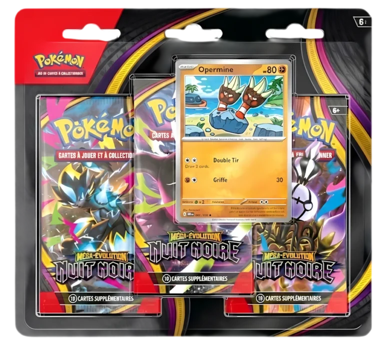 Tripack Pokémon Méga-Évolution Nuit Noire ME05 avec 3 boosters et carte promo Opermine